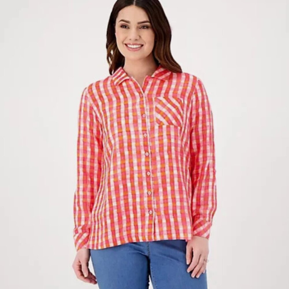 Isaac Mizrahi Live! Gingham Printed Relaxed Gauze Shirt S